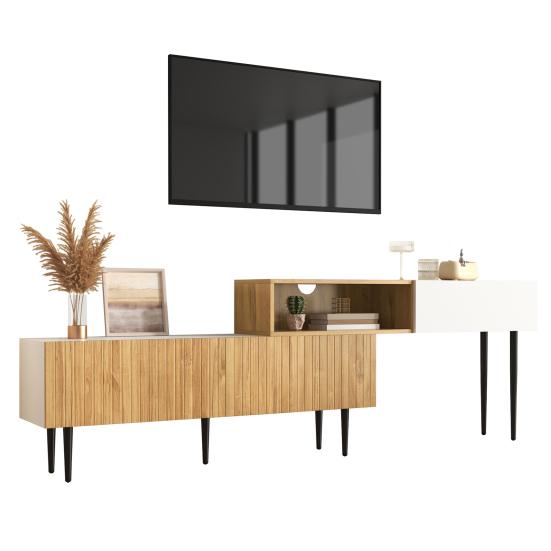 Modern TV Cabinet with Adjustable Length, Modular 2-Piece Design, Wood Look, Matt White, Black Metal Legs, Multifunctional Living Room