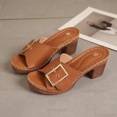 Big Size Beach Sandals Slippers Women  Summer New Thick Bottom Chunky High Heels Slides Casual Roman Solid Heeled Slippers