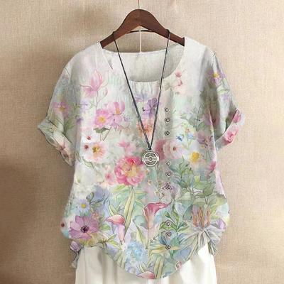 T-shirt à manches courtes imprimé en coton et lin pour femme en été Grande taille Lâche Ajusté Chemise en lin Haut fin