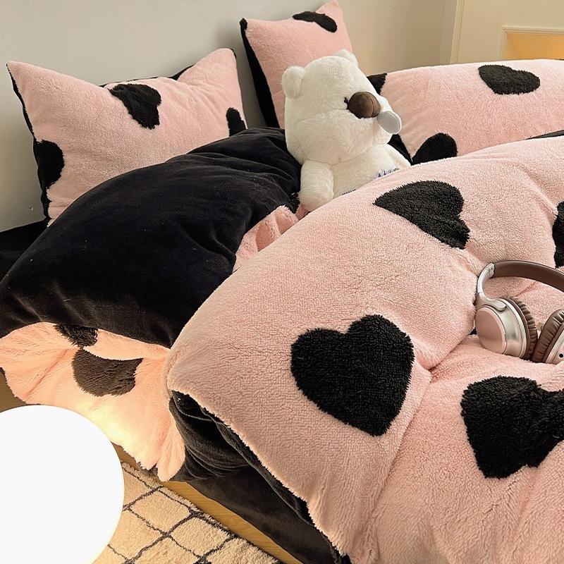Thickened Milk Fleece Four-Piece Set, Flange Coral Fleece Quilt Cover, Bed Sheet Three-Piece Set