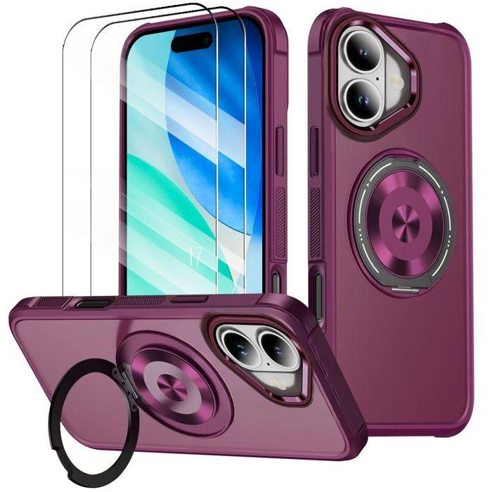 Coque avec Support - BOOLING - pour iPhone 17 - Silicone PC avec Cercle Magnétique - Rouge - avec 2 Verres Trempés