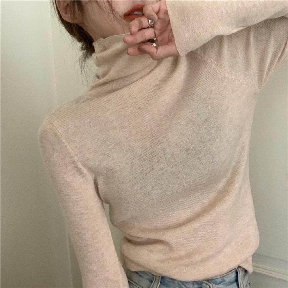 Piled Collar Solid Color All-match Knitted Sweater Women's Autumn and Winter Western-style Slim-fit Coat Inner Knitted Base Shirt