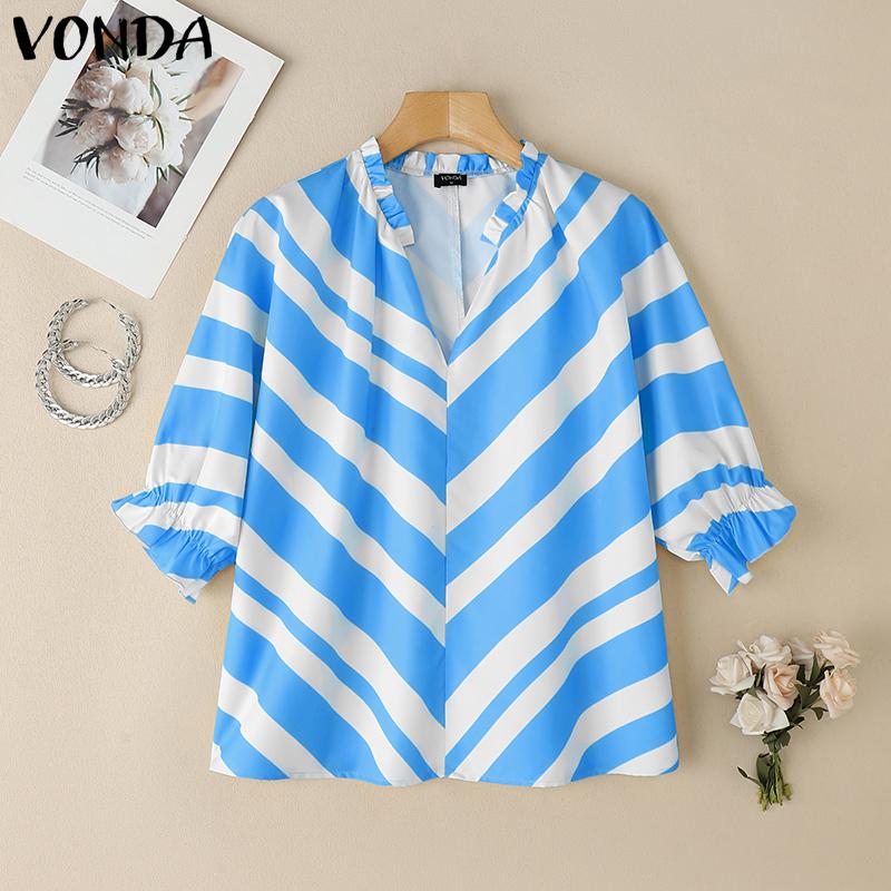 

VONDA Women Summer Ruffled V Neck Half Sleeve Striped Casual Blouse 5XL синий