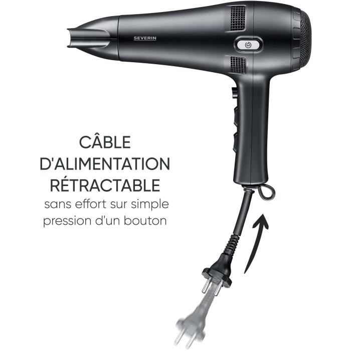 Sèche-cheveux avec câble rétractable - severin - ht 0165 - diffuseur & concentrateur - 2100 w - 3 niveaux de température - noir