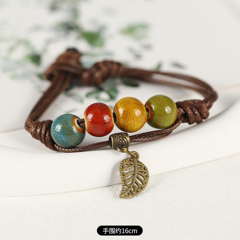 Retro ceramic flower woven bracelet niche literary hand rope small fresh bell bracelet female