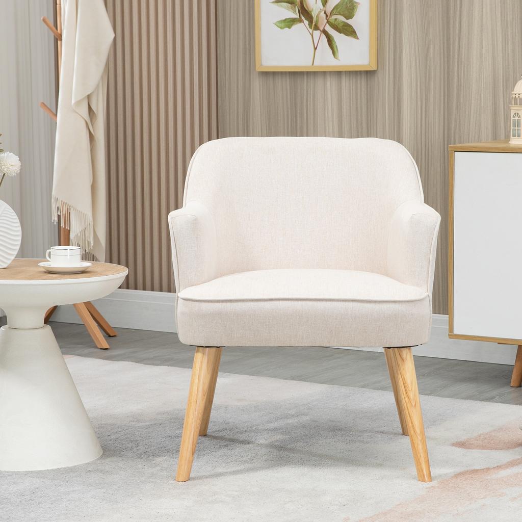 Armchair, Synthetic Linen Upholstered, Wooden Legs, 64.5 x 65 x 79.5 cm, Cream