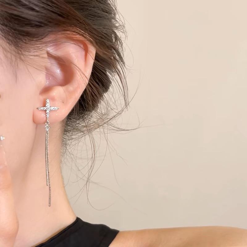 Asymmetric Cross Drop Earrings with Zirconia Tassel Elegant Dainty Studs for Women Fashion Minimalist Jewelry