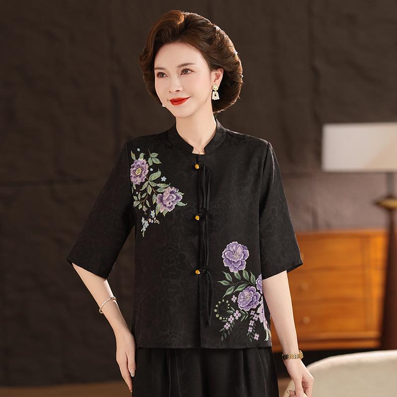 

Elegant Pure Silk Wide-Cut Top for Women: Short-Sleeve Summer Shirt for Stylish Moms 5XL (Recommended 150-165 jin) чёрный