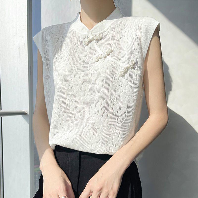 Women's Chinese Style Cheongsam Top Black Sleeveless Knitted Top with Frog Buttons Mandarin Collar Casual Blouse