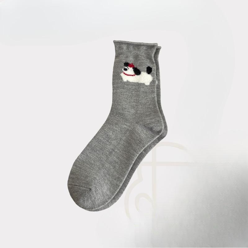 Woolen Socks for Women, Thick and Warm Mid-calf Socks for Autumn and Winter, Cartoon and Cute Grey Long Socks, Pile Socks
