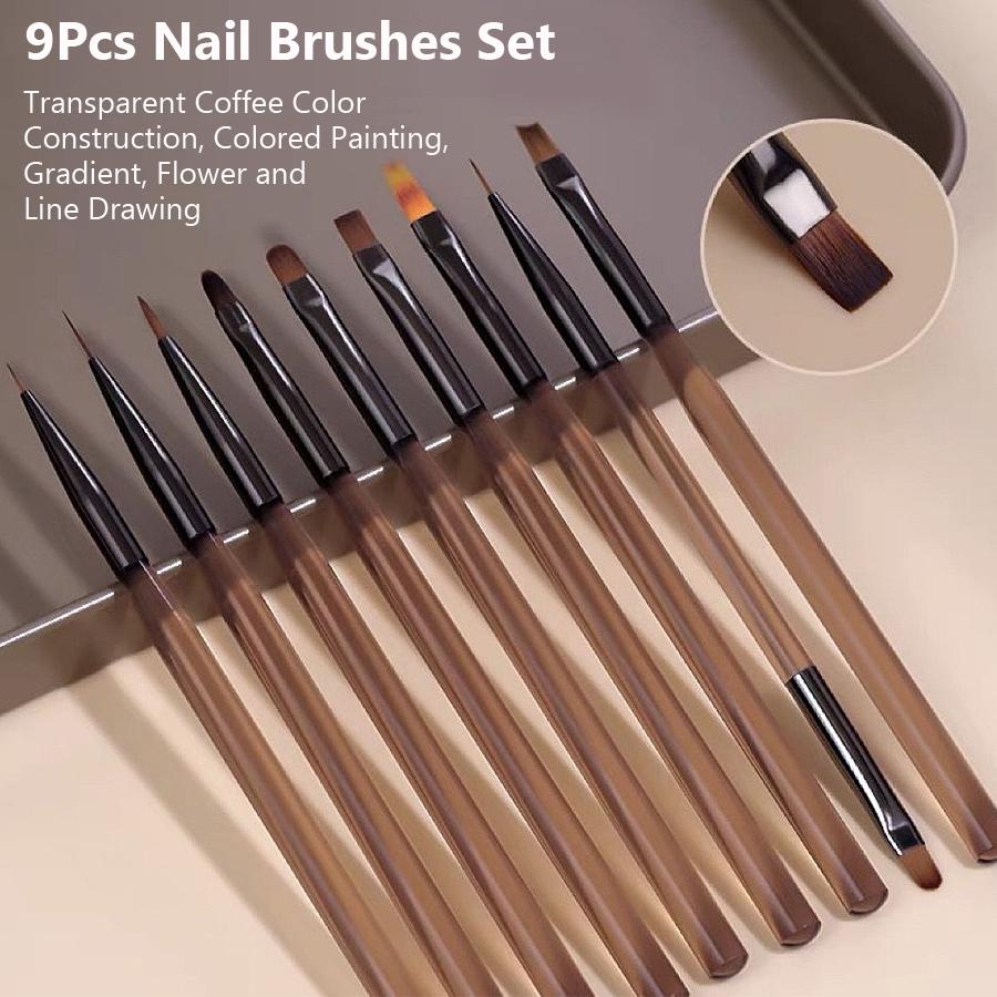 9Pcs Nail Brush Set, Nail Art Tool for Gel, Fine Line, Painting and Detail Work Pens with Stylish Brown Handles