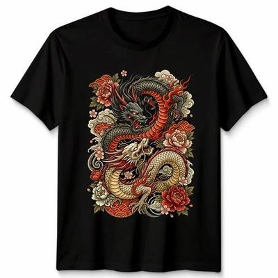 Two Dragons Mythology Japanese Graphic Tee Mens Womens Unisex T-Shirt