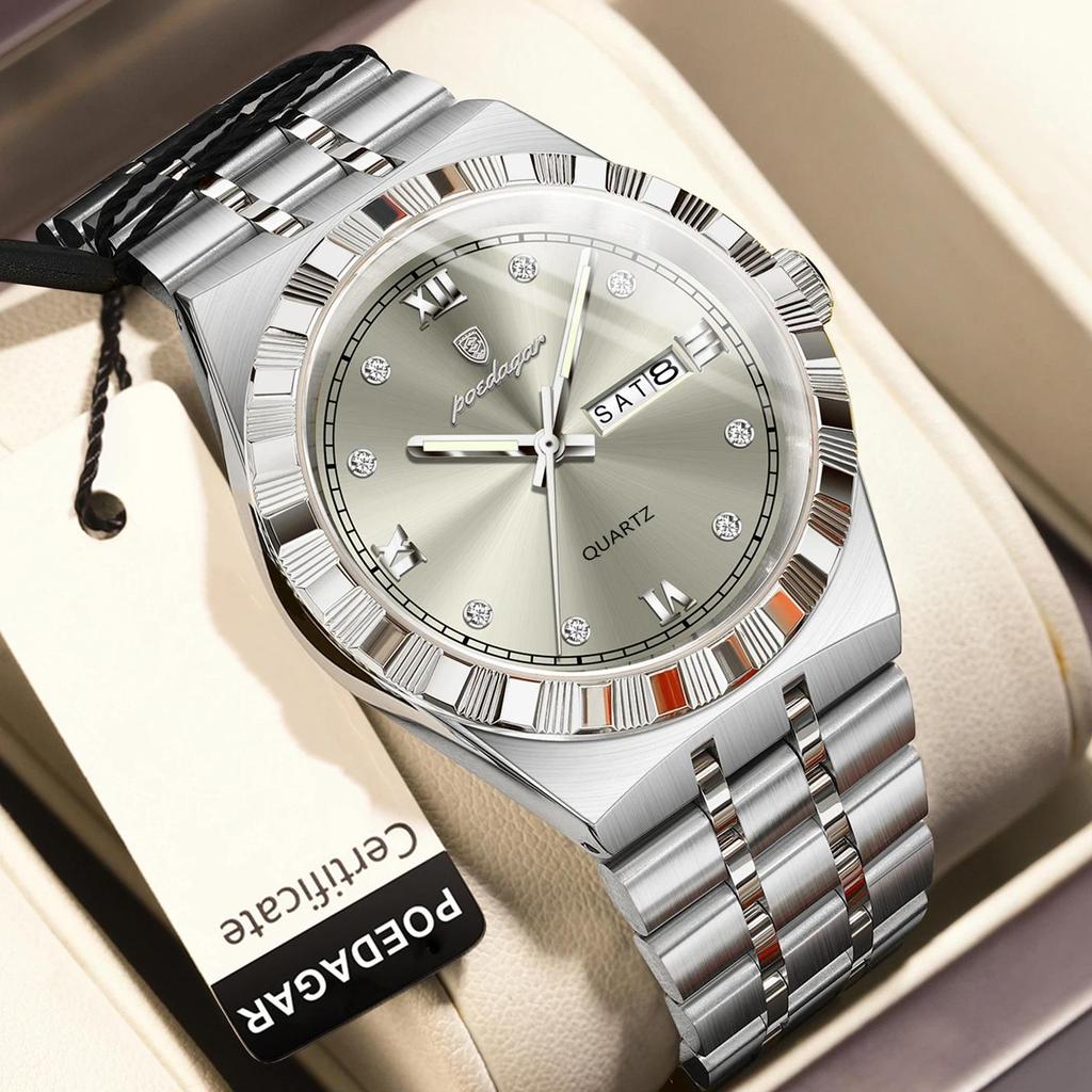 POEDAGAR Luxury Business Male Watch Waterproof Luminous Week Date Wristwatch Stainless Steel Trendy Quartz Watches for Men