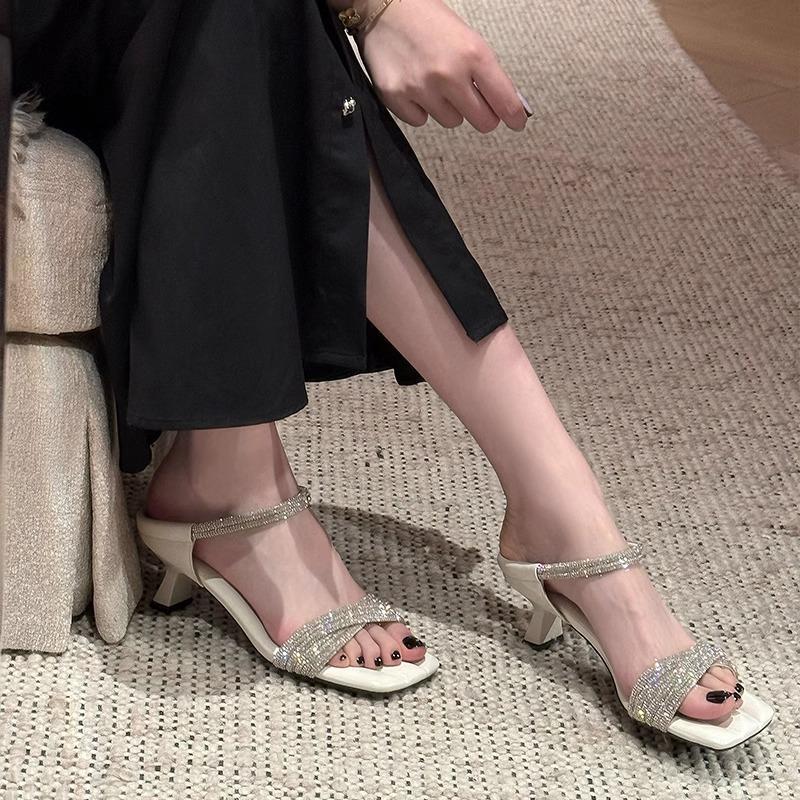 ~ French Square Head Rhinestone with Cool Slippers for Women Wearing New Rhinestone Stiletto High Heels for Women In Summer