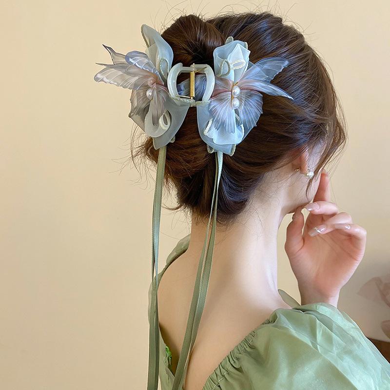 New Chinese bow ribbon hairpin niche back head disc hair shark clip grab clip Guochao high-end hair accessories women