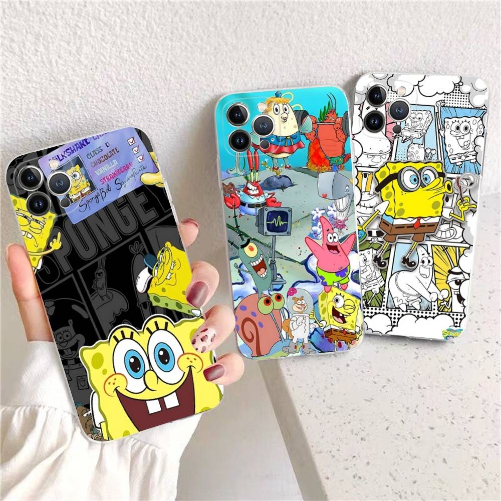 Cartoon Niedlich S-SpongeBob Anime Handyhülle Für IPhone 11 13 16 12 17 14 15 Pro Max Plus Weiche Klare Rückseite Hülle