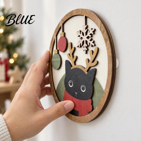 Holiday Wall Ornaments Christmas Black Cat Decor, Layered Wooden Hanging Sign, Round 2D Decorative Plaques Flat Art Decoration for Living Room Bedroom