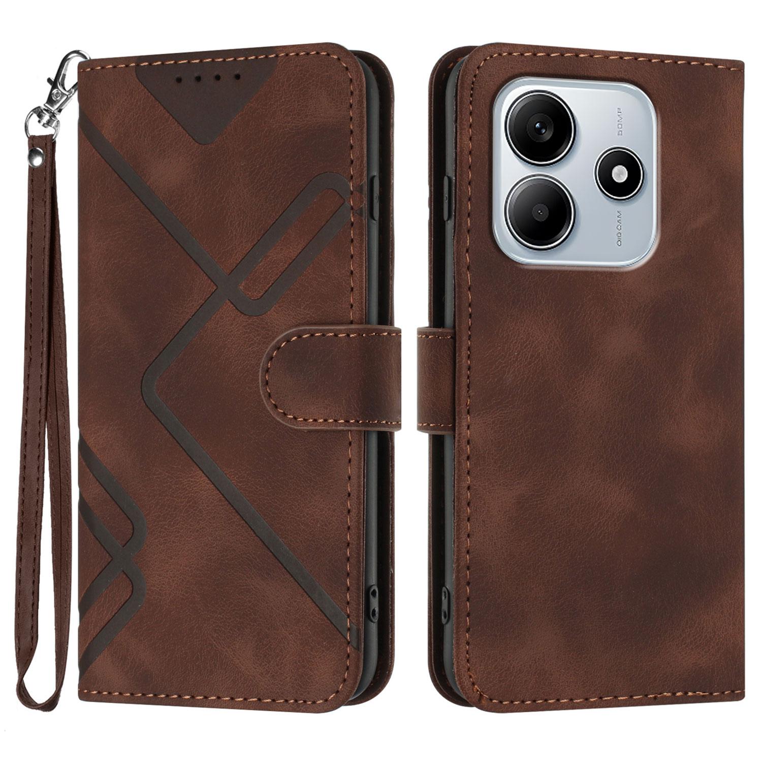 

For Xiaomi Redmi Note 14 5G (China)/Xiaomi Poco M7 Pro 5G/Xiaomi Redmi Note 14 5G Wallet Case Line Imprinted PU Leather Phone Cover with Strap Brown