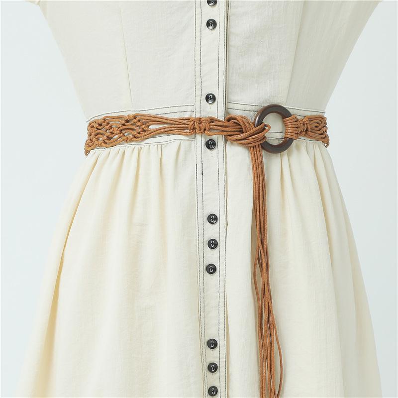 Boho Style Wax Rope Handmade Wood Ring Braided Belt Ethnic Style Dress Belt