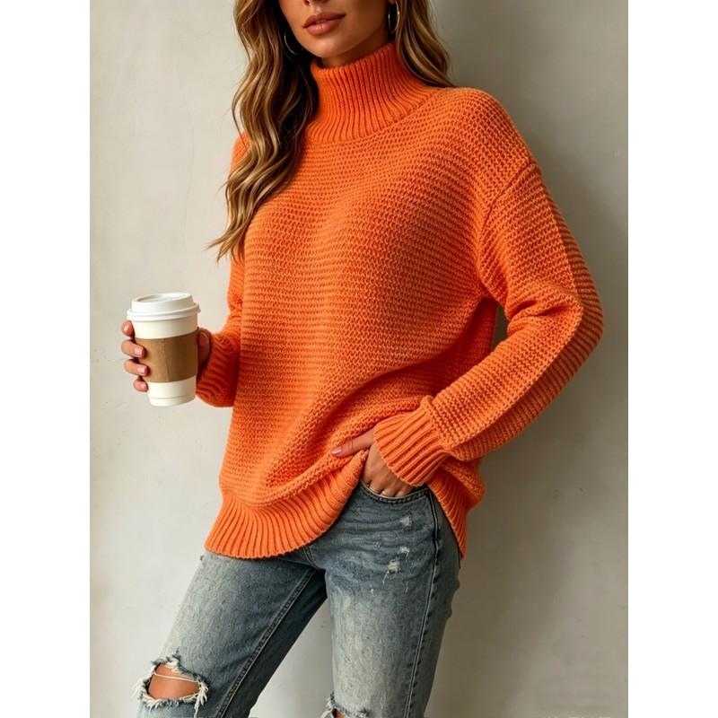 Womens Loose Knit Sweater Pullover Round Neck Solid Color Long Sleeve Casual Top Winter