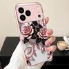 Black Metallic Floral Pink Metallic Glass Phone Case For iPhone 11 12 13 14 15 16 17 Pro Max Plus 17Air 16E 7 8 Xr XsMax X Cover