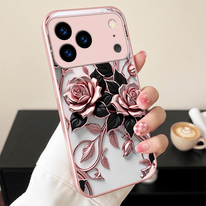 Black Metallic Floral Pink Metallic Glass Phone Case For iPhone 11 12 13 14 15 16 17 Pro Max Plus 17Air 16E 7 8 Xr XsMax X Cover