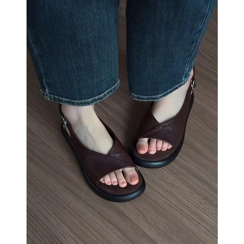 Sheepskin Version~ Leather Retro Cross-strap Platform Roman Shoes Women's Summer New Casual Beach Comfortable Open-toed Sandals