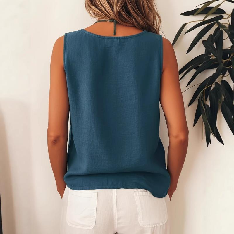 Damen Boho Locker Übergröße Diagonal Knopf Ärmellos Hemd Tanktop