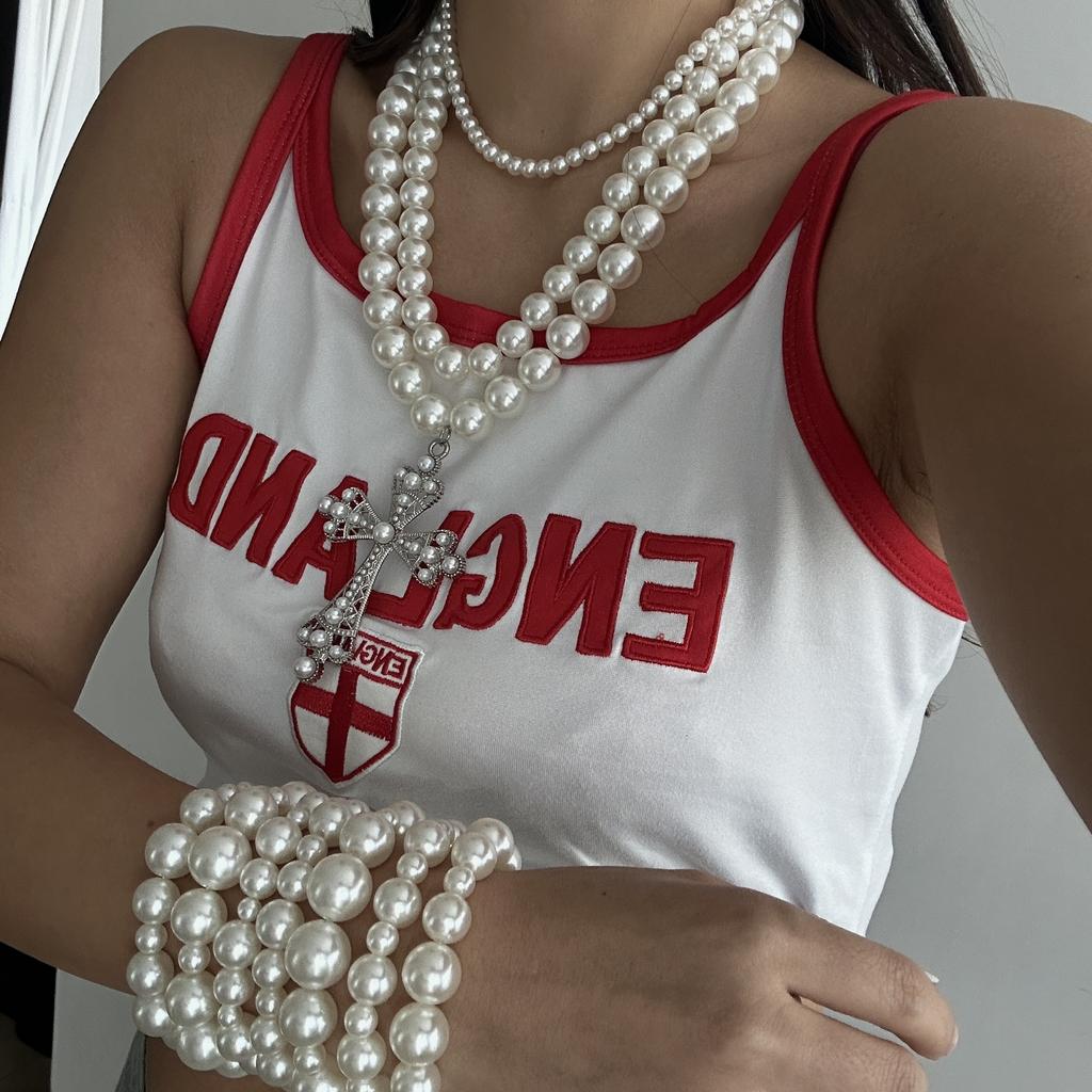 Punk Pearl Cross Necklace Set, Personalized Beads Stacked Collarbone Chain Necklace For Women