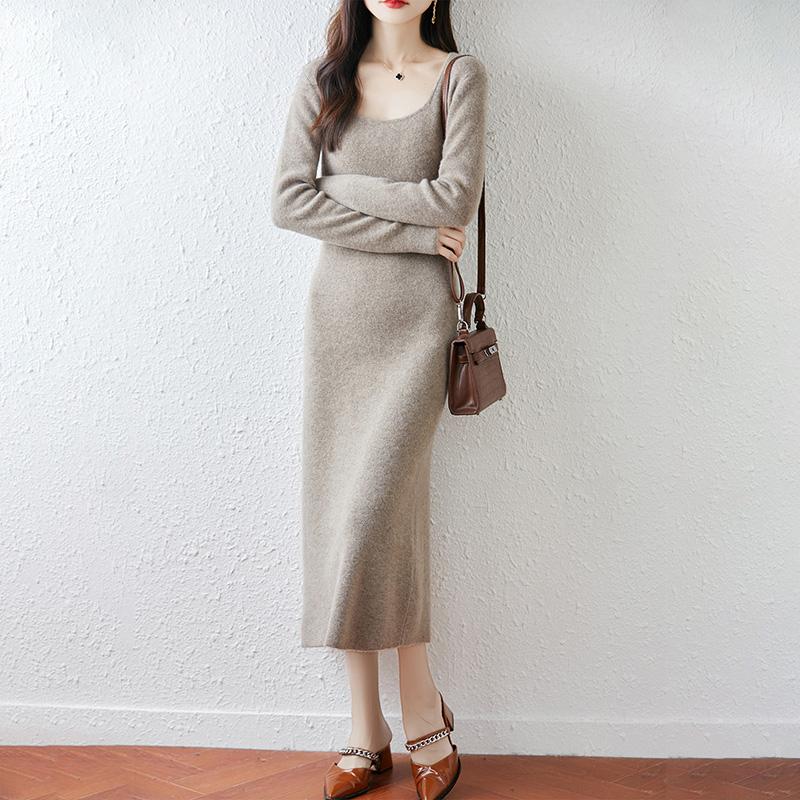 Women Sweater Dress 100% Wool MODERN NEW SAGA U-neck Knit Long Pullover Winter Jumpers Wool Long Dress Female