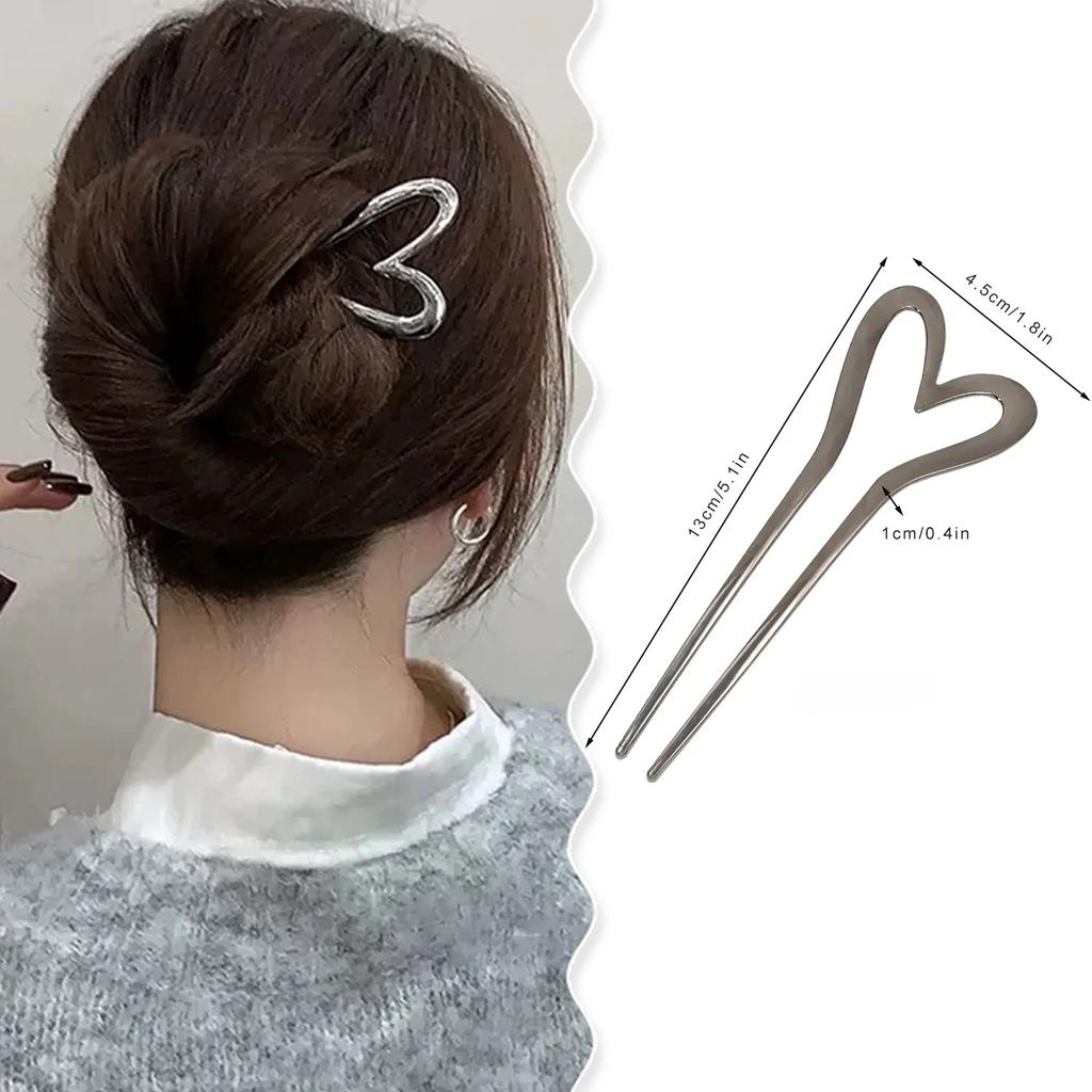 Korean Metal U Shape Love Heart Hair Pins for Women Girls Silver Gold Color Hairwear Simple Heart Shaped Hair Sticks Accessories