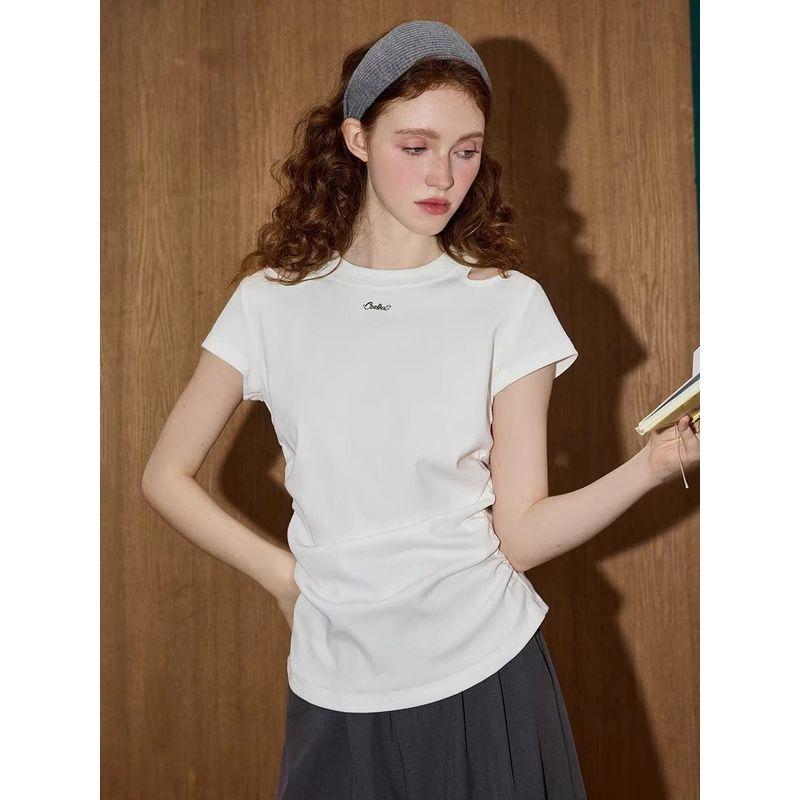Coolhut Off-Shoulder Waist-Cinching Slimming Pleated Design Round Neck Short-Sleeved Top 2025 Summer New T-Shirt for Women