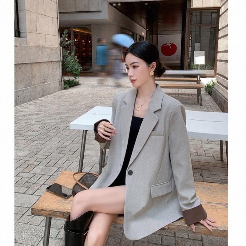 Fashionable Korean Style Suit Jacket Splicing Simple Commuting Loose Women's Solid Color Cardigan Long-sleeved Top