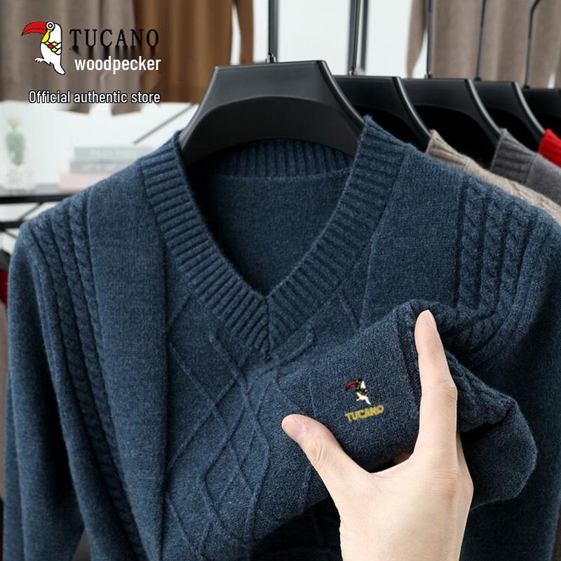 Woodpecker Men s 100% Pure Wool V-Neck Embroidery Pullover Sweater for Winter 4XL
