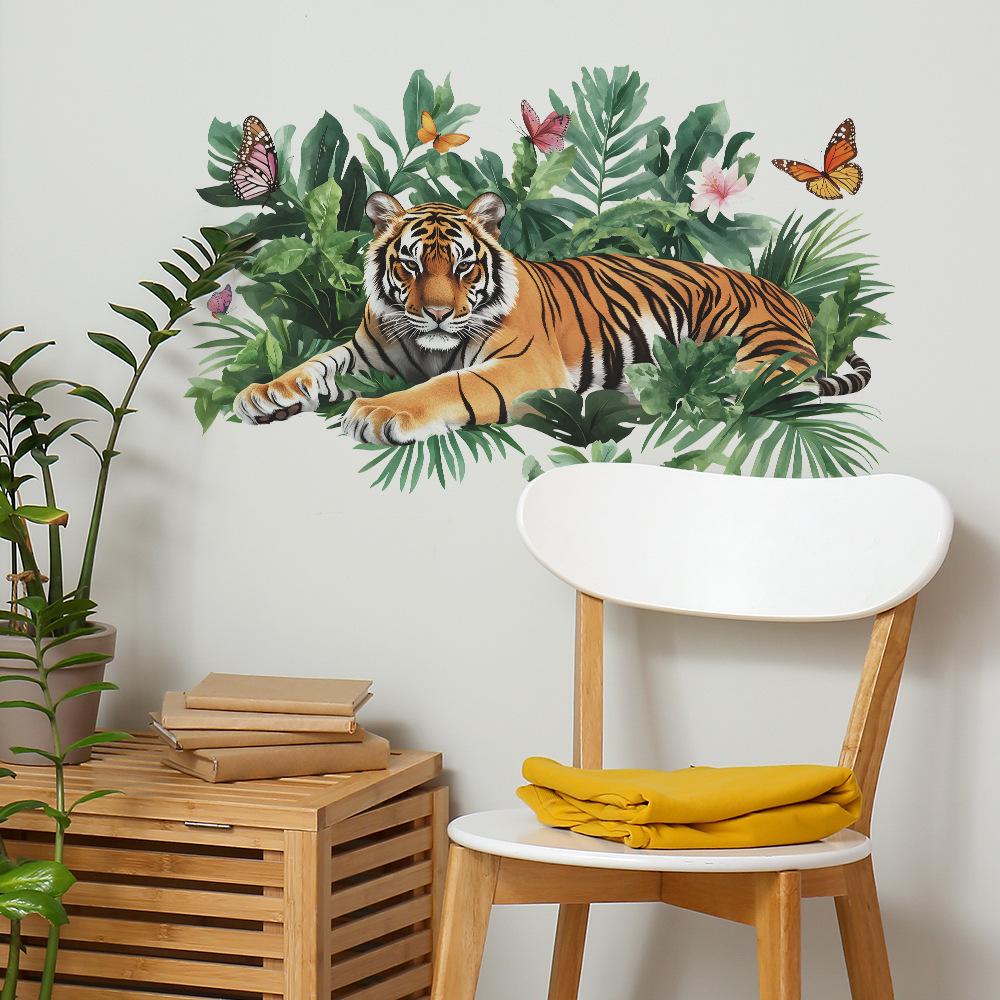 Tiger King of Jungle Wall Stickers with Lush Green Plants, Calming Wild Nature Wall Art for Bedroom and Living Room Home Decor