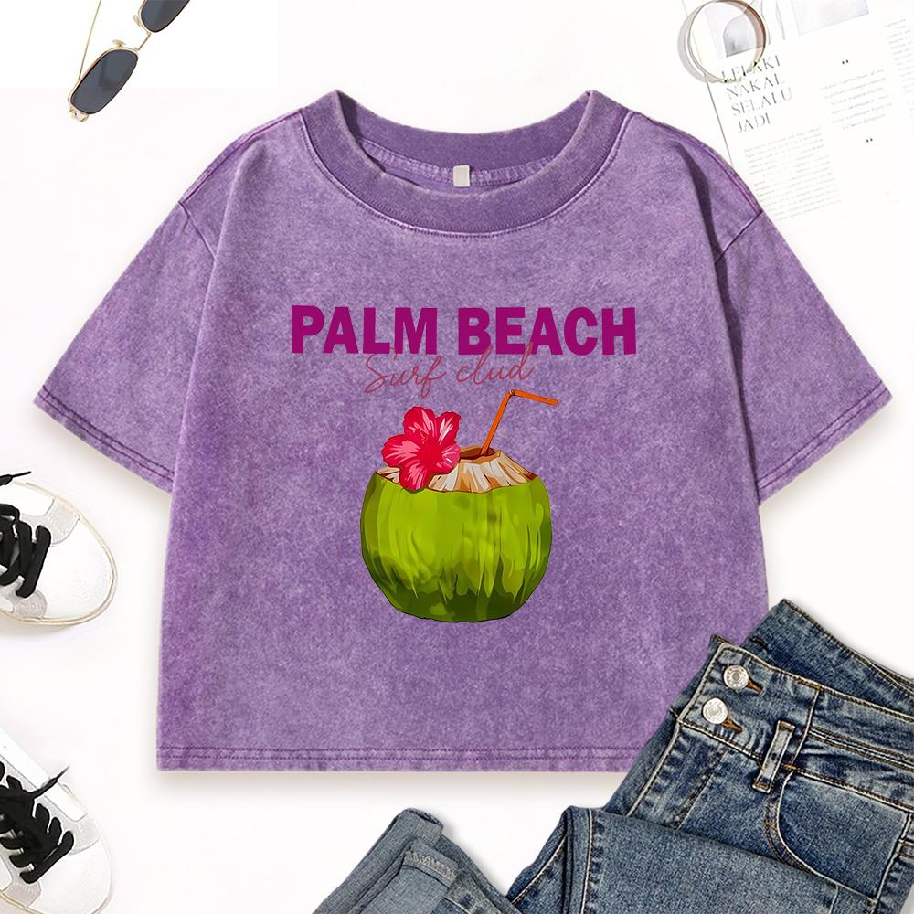 Palm Beach Fresh Coconut Juice Print Washed Tee Shirt Women Casual Slim T Shirts Cotton Vintage Top Summer