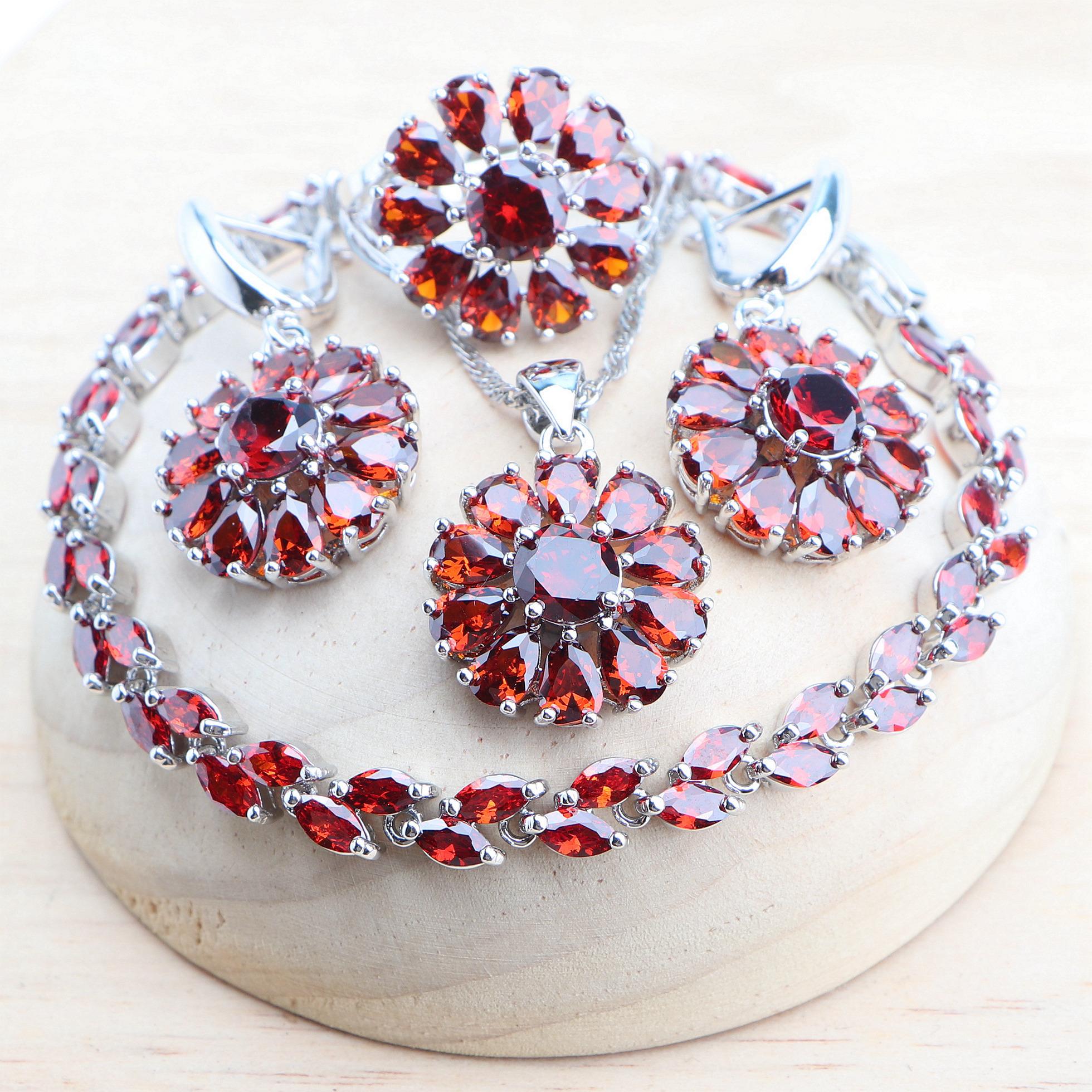 

Свадебный комплект ювелирных изделий из кубического циркона для женщин, свадебные кольца/браслеты/серьги/подвеска, комплект ожерелья 10 красный