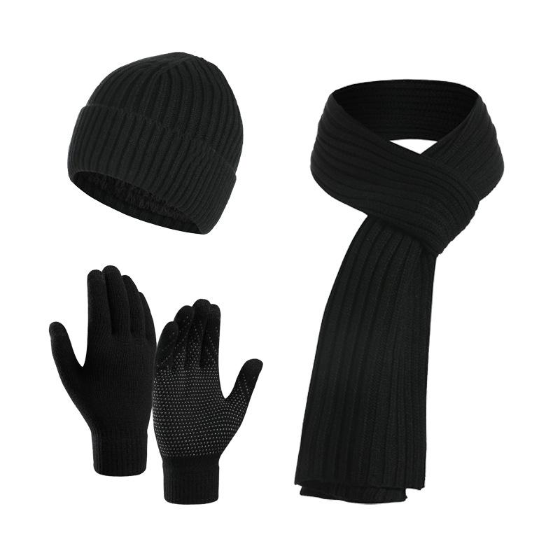 Unisex Custom Logo 3pcs Knitted Plain Polyester/Cotton Beanie Hat Scarf Gloves Set Long Warm Winter Clothing for Men Women