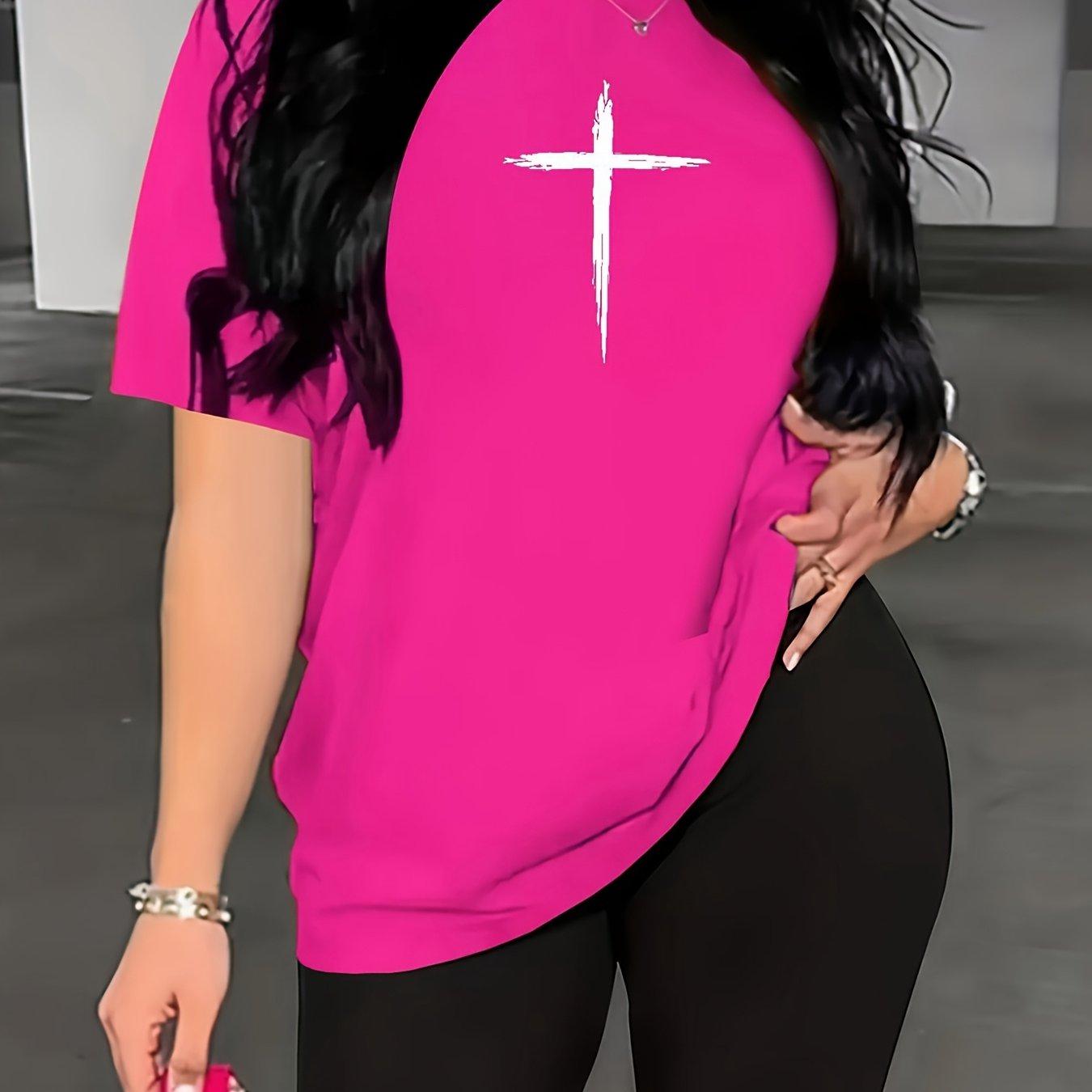 

Plus Size Women s Bright Pink Casual T-Shirt - Summer Sports Short Sleeve Crew Neck XL