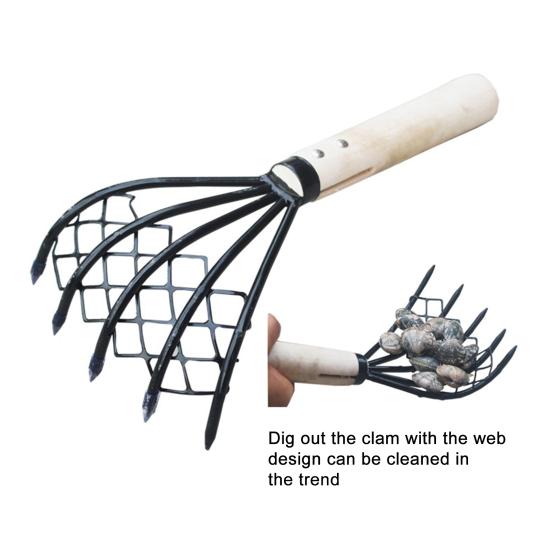 2Pcs/Set Steel Clam Rakes with Wooden Handle Mesh Pocket Seafood Shell Digger Tool Clam Rakes Beach Clamming Accessories