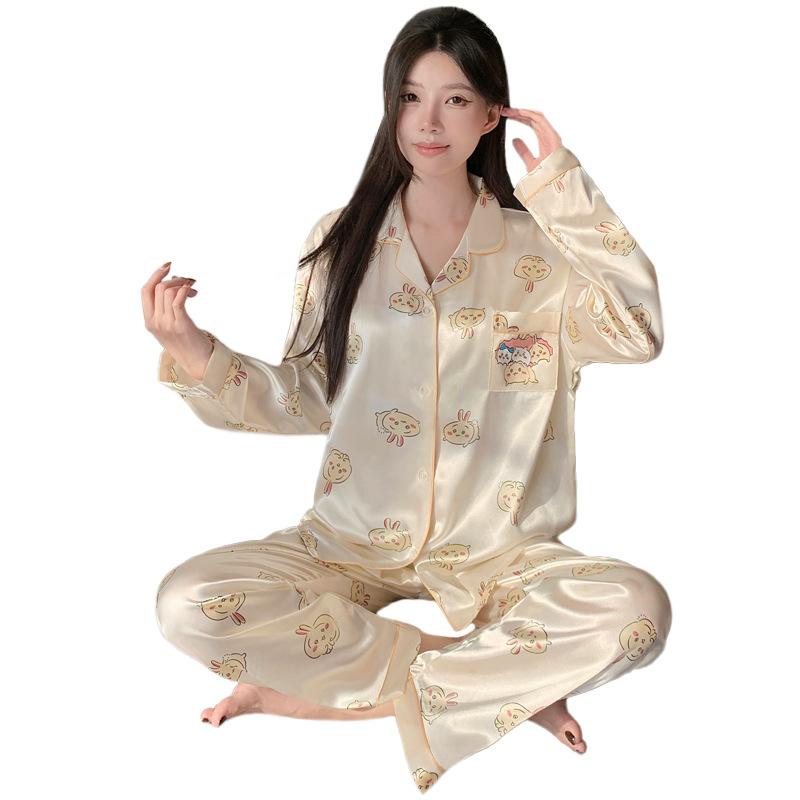 Silky Ice Silk Pajamas Women'S Spring And Autumn Cartoon Jiyika Wow Small Eight Long-Sleeved Casual Loungewear Two-Piece Set