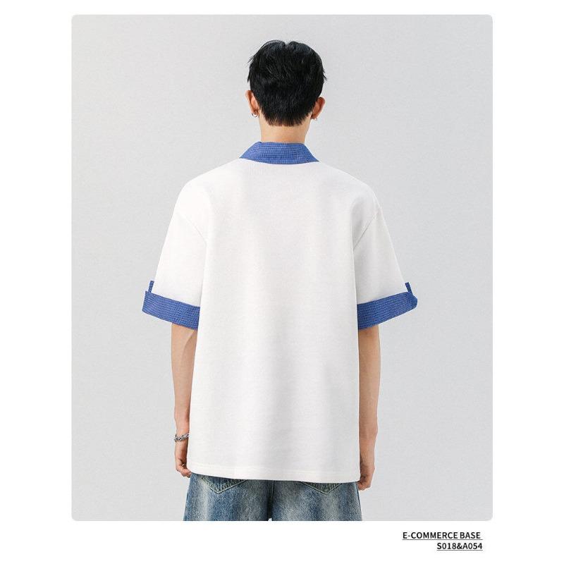 Men Loose Drop Shoulder Color Block Turn Down Collar Short Sleeve Polo T Shirt