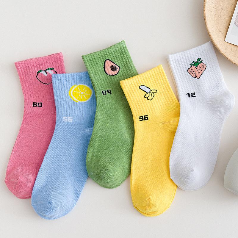 5 Pairs Korean Style Cotton Long Socks Sun Moon Windmill Rainbow Print Women Socks