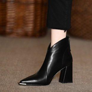 Autumn and winter pointed head thick heel ankle boots women's rear zipper short leather boots temperament thin versatile commuter women's short boots