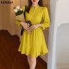 VONDA Women Casual Stand Neck Long Sleeve Pleating Ruffled Mini Elegant Dress