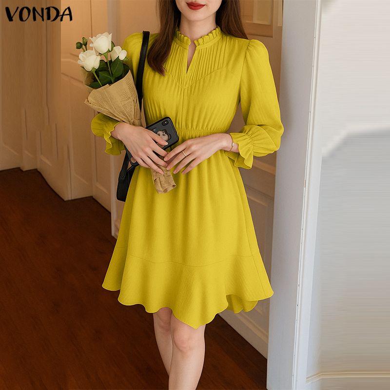VONDA Women Casual Stand Neck Long Sleeve Pleating Ruffled Mini Elegant Dress
