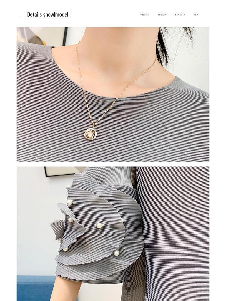 Damen Plissee Oberteil mit ausgestellten Ärmeln und Perlen-Rundhalsausschnitt