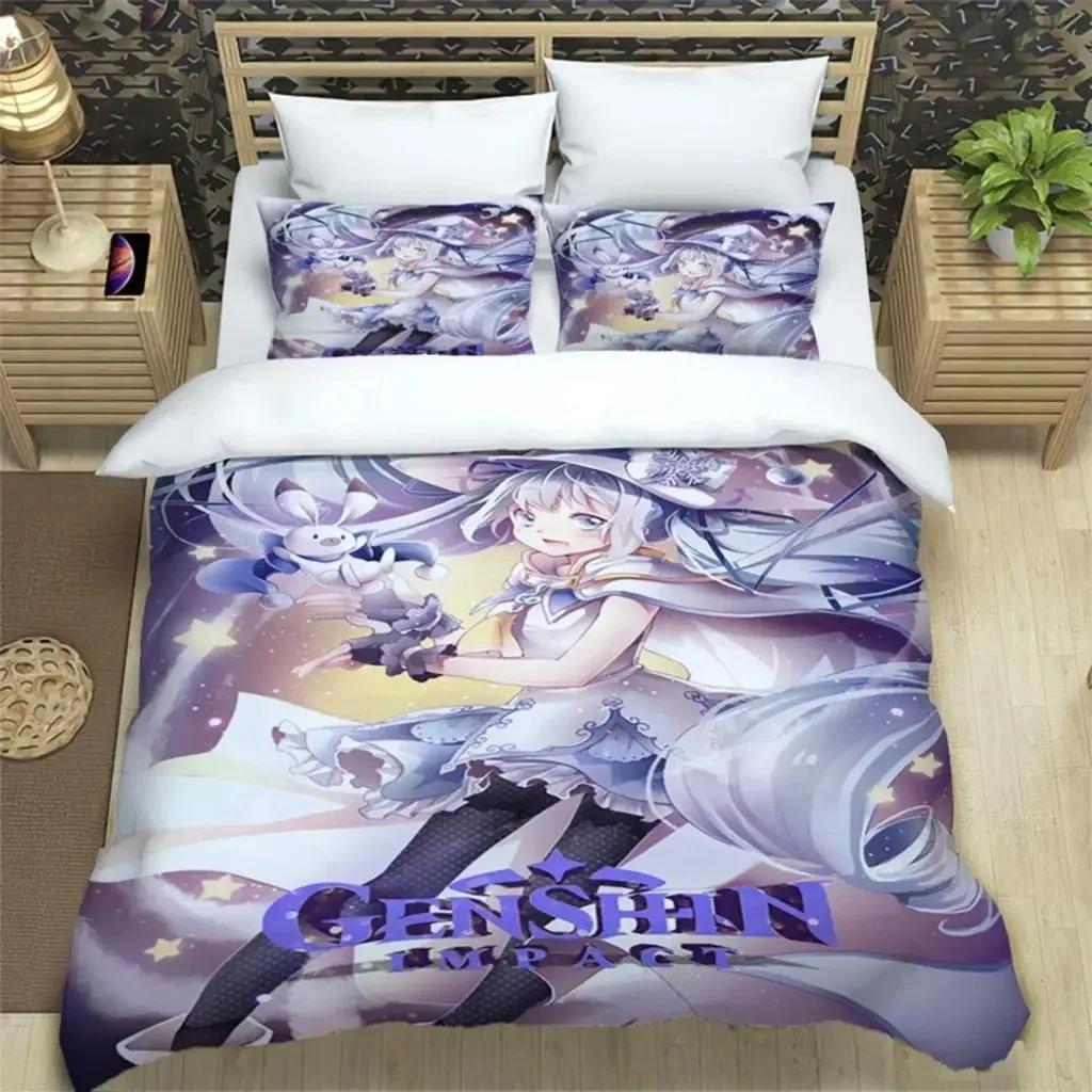 Genshin Impact Print 3 Piece Bedding Set For Boys Adults Quilt Cover Pillowcases Soft Comfortable Fashion Bedding