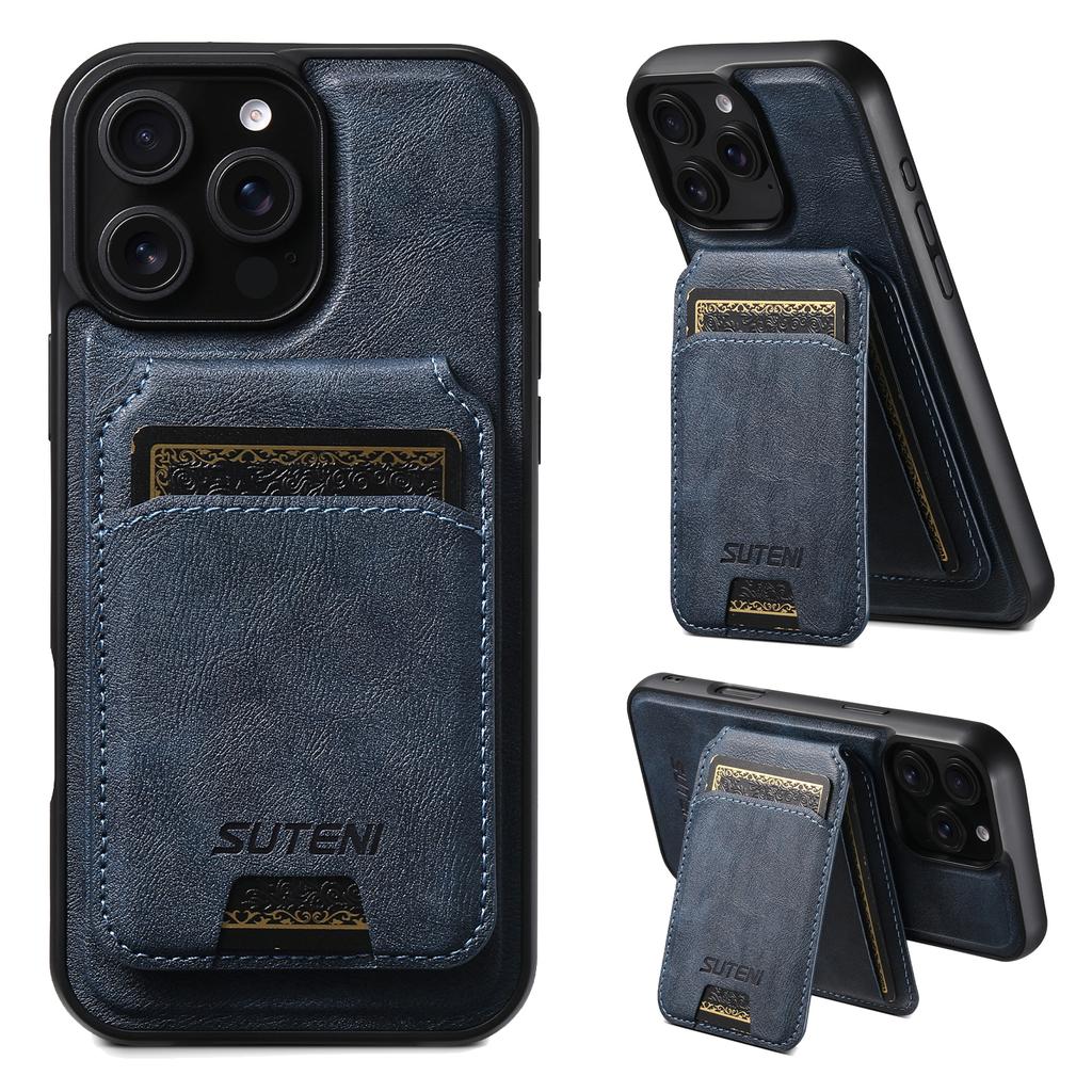 SUTENI M5 For iPhone 16 Pro Magnetic Case with Card Bag Cowhide Texture Leather Phone Back Cover