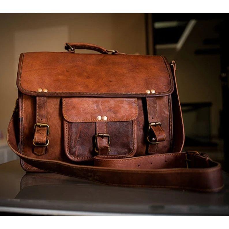 

Настоящая винтажная сумка-мессенджер из коричневой кожи, на плечо, для ноутбука, сумка-портфель 18 x 14 x 6 in